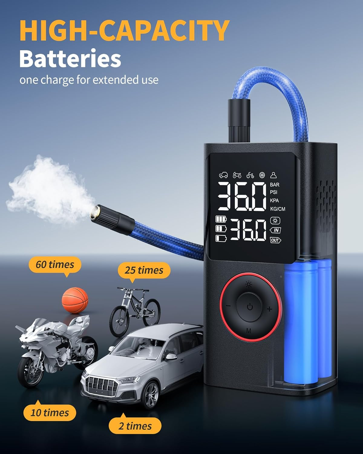 Tire Inflator Portable Air Compressor, 150 PSI Cordless Bike Pump, Air Pump for Auto, Motorcycle, Bicycle, Balls with Pressure Gauge, LED Light & Car Accessories, Black, Medium
